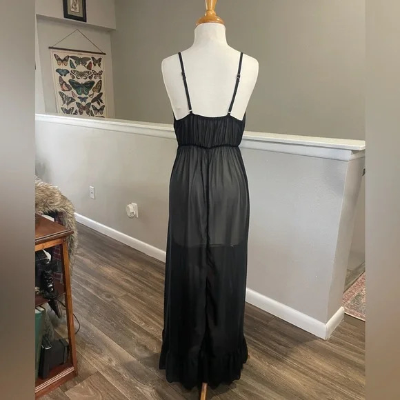 Vintage Sheer Black Maxi Nightgown Deep V Spaghetti Strap Long Chemise L - Picture 2 of 9